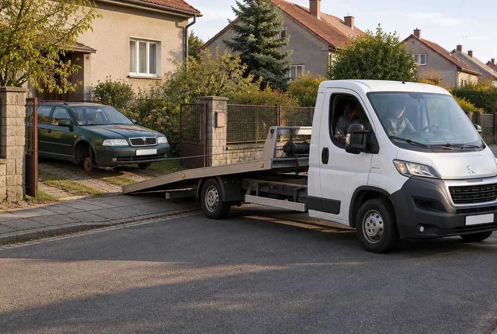 Odtahovka čeká před vilou na Spořilově, ze zahrady se nakládá stará Škoda Octavia combi