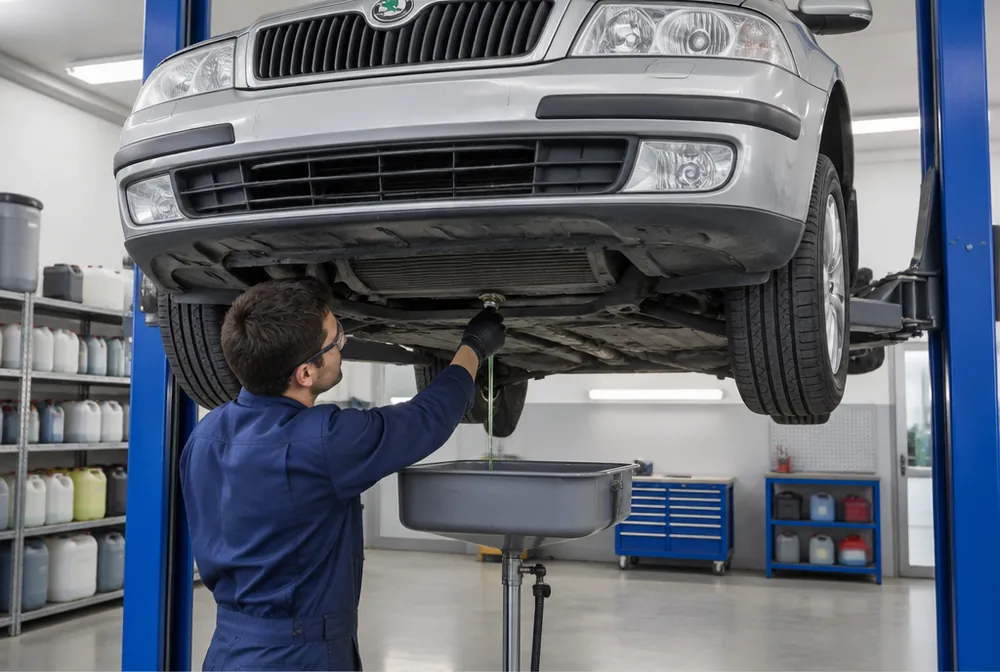 Technik vypouští chladicí kapalinu ze spodní výpusti chladiče Škody Octavie na zvedáku