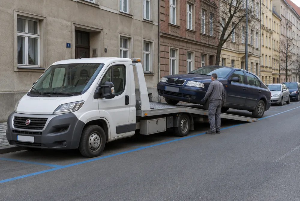 Bílá odtahovka do 3,5 t nakládá starou Škodu Octavii v ulici s modrou zónou v Nuslích