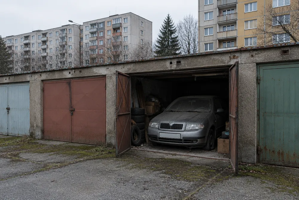 Zaprášená Škoda Fabia stojí roky v řadové garáži u sídliště v Krči